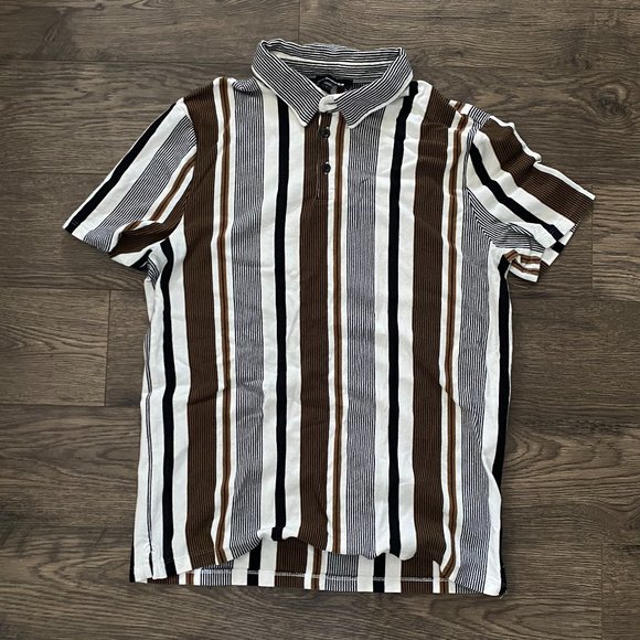 Express Men’s Vertical Stripe Polo Shirt Brown Black White Collared Short Sleeve - Picture 1 of 4